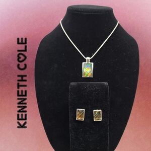 Kenneth Cole KC Silver Tone Necklace-Earrings Faceted Iridescence Rainbow Colors